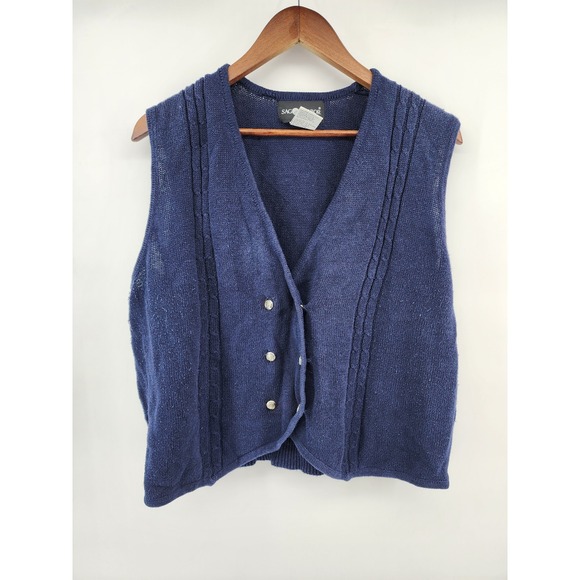 Sag Harbor Jackets & Blazers - Sag Harbor Womens XL Navy Blue Ramie Cotton Knit Double Breasted Vest 8676
